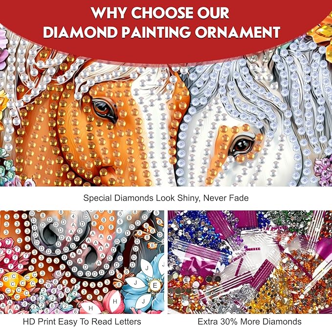 Hanging Diamond Art Kit for Adult, Horse Couple With Flowers, 5D Special Shaped Rhinestone Diamond Painting Ornament, Horses, DIY Acrylic Diamond Art Painting Window Pendants Home Garden Wall Decor