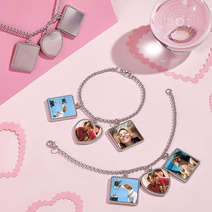 PH PandaHall 4 Sets Sublimation Bracelets Blanks Heat Transfer Bracelet Tray Heart Photo Bezel Square Craft Bezel Setting Blank for Mother's Day Friendship Bracelet Sweet Birthday Wedding Gift