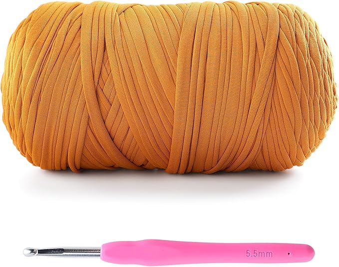 Tshirt Yarn for Crochet - 400 g/130 yds T Shirt Yarn for Crocheting Bags/Baskets/Home Decor - Soft Elastic Fabric T-Shirt Yarn with 1 Crochet Hook (1, Turmeric)