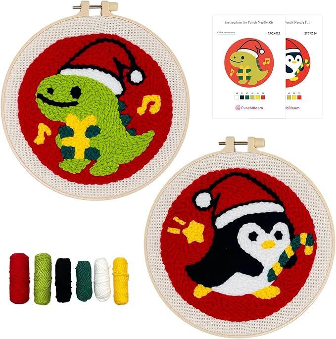 Christmas Punch Needle Kit for Adult Beginner, Easy Punch Embroidery Starter Set with Instruction, Fun DIY Needle Point Craft for Home Decor & Holiday Gift Idea(2pcs Dino & Penguin)