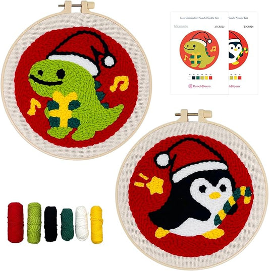 Christmas Punch Needle Kit for Adult Beginner, Easy Punch Embroidery Starter Set with Instruction, Fun DIY Needle Point Craft for Home Decor & Holiday Gift Idea(2pcs Dino & Penguin)