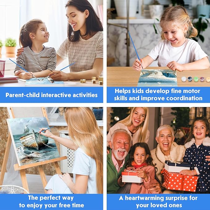 NEWENMO 4 Pack Paint by Numbers Kit for Kids Beginner with Wooden Frame, Lighthouse, Beach, Paint by Numbers Kit for Adults, Coastal Landscape, DIY Painting Kits for Home Wall Decor 8x10 inch