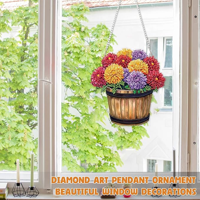 RICUVED Hanging Diamond Art Painting Kit, Special Shaped Crystal Craft Diamond Painting Pendant Kit for Adults Beginners, Barrel Flowers Hanging Acrylic Diamond Art Ornament Kit for Garden Wall Decor