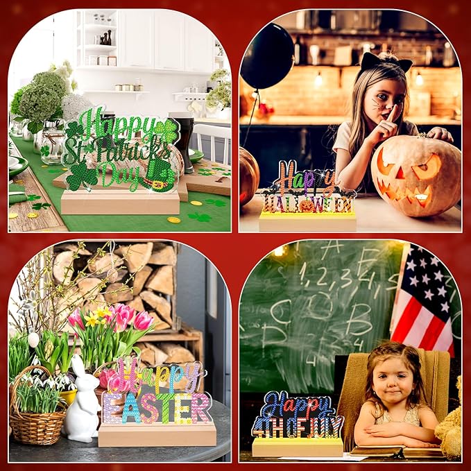Chunful 13 Pcs Interchangeable Seasonal Diamond Art Tabletop Holiday Diamond Art Painting Kit with Wooden Light Base for Table Tiered Tray Home Office Tabletop Centerpiece Decor (13 Pcs,Simple Style)