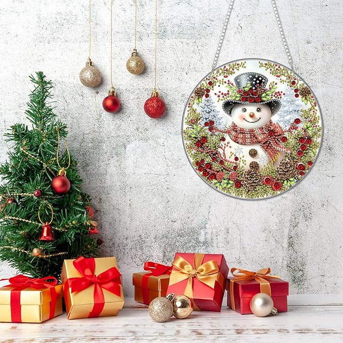DOMROM Snowman Diamond Art Hanging Kits for Adults Beginners, Christmas Special Shaped Crystal Diamond Painting Snowman Pendant, DIY Diamond Art Suncatchers for Home Garden Wall Decor Gift