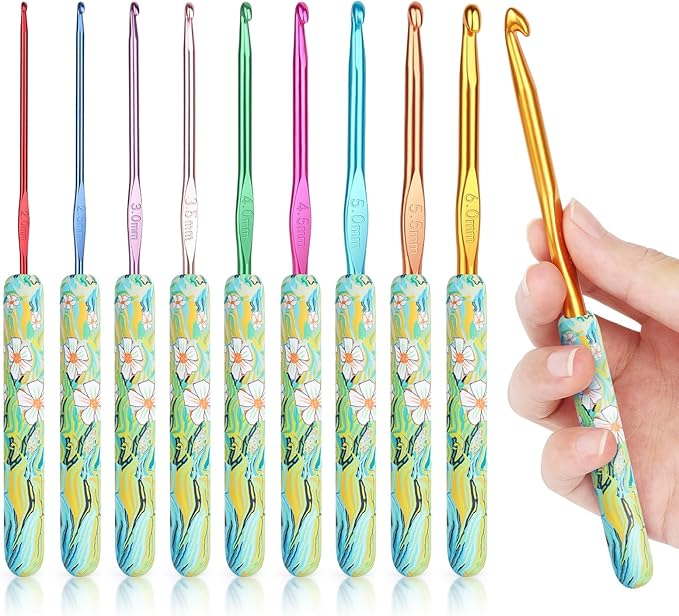 Coopay Warm Crochet Hooks Comfort Grip, Blue Flower Art Handle for Beginners, Longer Aluminum Shaft Crochet Hook Set 2.0mm-6.0mm(B-J), Smooth Needles Set for Crocheting