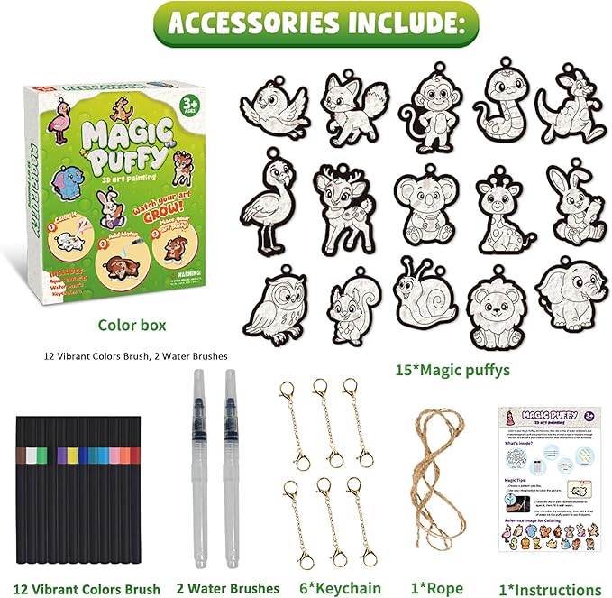 3D Art Kit Aqua Magic Puffs Animals, 15 Mess-Free Paint by Number Craft for Kids, DIY Coloring Kits,Christmas&Travel Gifts & Stocking Stuffer for Girls and Boys, Art Projects with Puff Markers