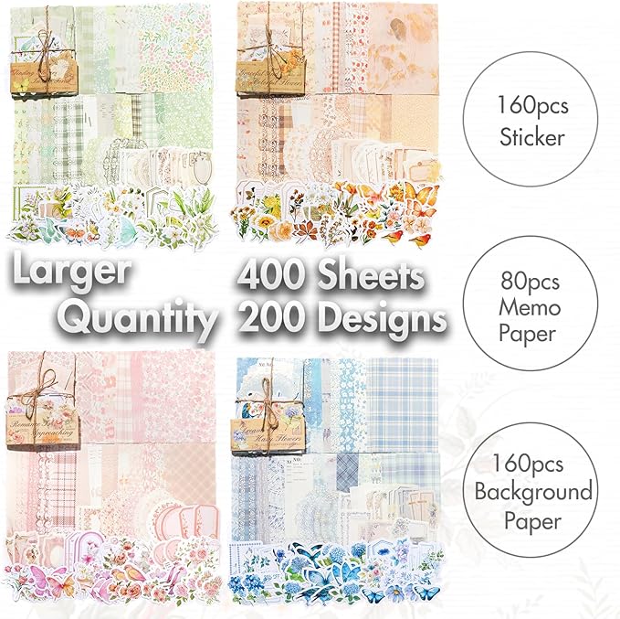 okupan vintage floral scrapbook paper & journaling stickers (400pcs) assorted set - 4 pack junk journal supplies for bullet journaling, retro crafts, planner, mixed media, collage card album