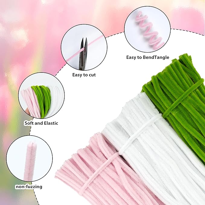 300 Pcs Thick Pipe Cleaners,Craft Supplies Floral Bonquet,DIY Flower Making Kit for Starter with Floral Wires, Gardening Tape,Stamen (Pink+White+Green)