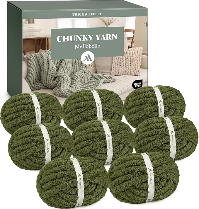Jumbo Chunky Yarn for Hand Knitting - Super Thick Chenille Chunky Yarn for Crocheting - Extra Soft Bulky Fluffy Blanket Big Yarns 8 Jumbo Pack (27yds,8 oz Each Skein) Olive Green