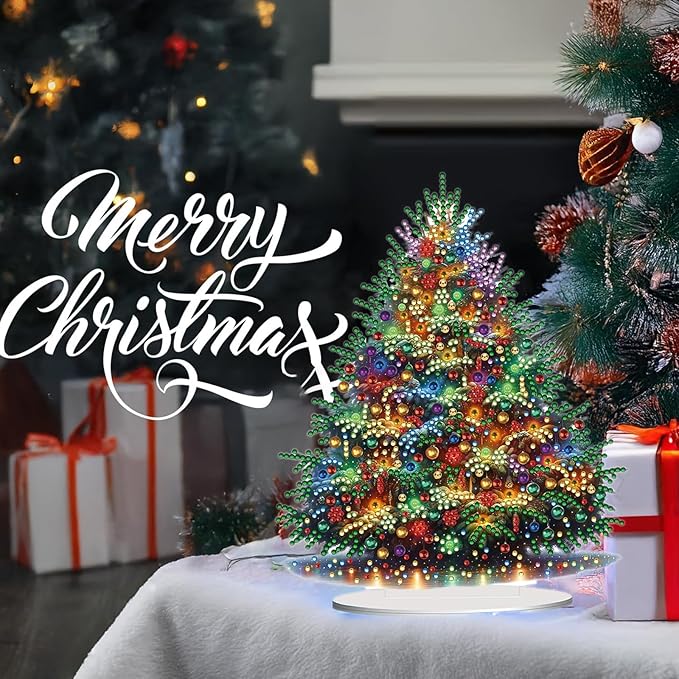 Christmas DIY Diamond Desktop Ornament, Double Sided Special Shaped Diamonds Art Kits, 5D Tabletop Ornaments for Adult Beginner Home Office Decor Crafts Gift (Christmas Tree)