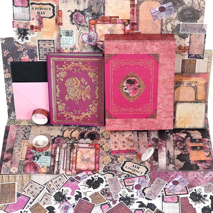 Funto Scrapbooking Kit (185 PCS), Medieval Chapter- Rose Garden, Perfect for Bullet Scrapbooking Materials, Planner DIY Craft Collage