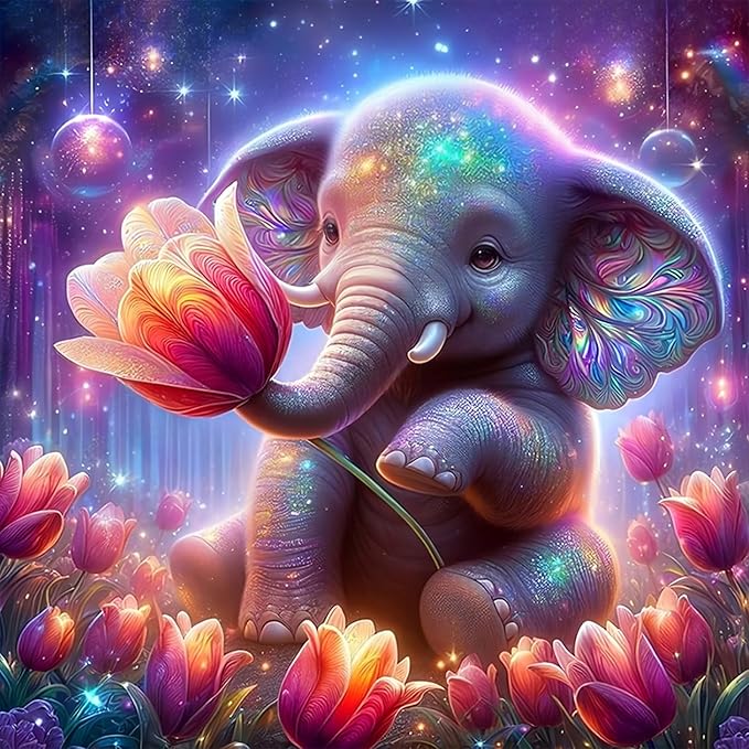 Camocin Diamond Art Kits for Adults Elephant, 5D Tulips Diamond Painting Kits for Adults Beginners, DIY Elephant Full Round Dots Drill Gem Art Kit for Gift Home Wall Decor 14 x 14 Inch