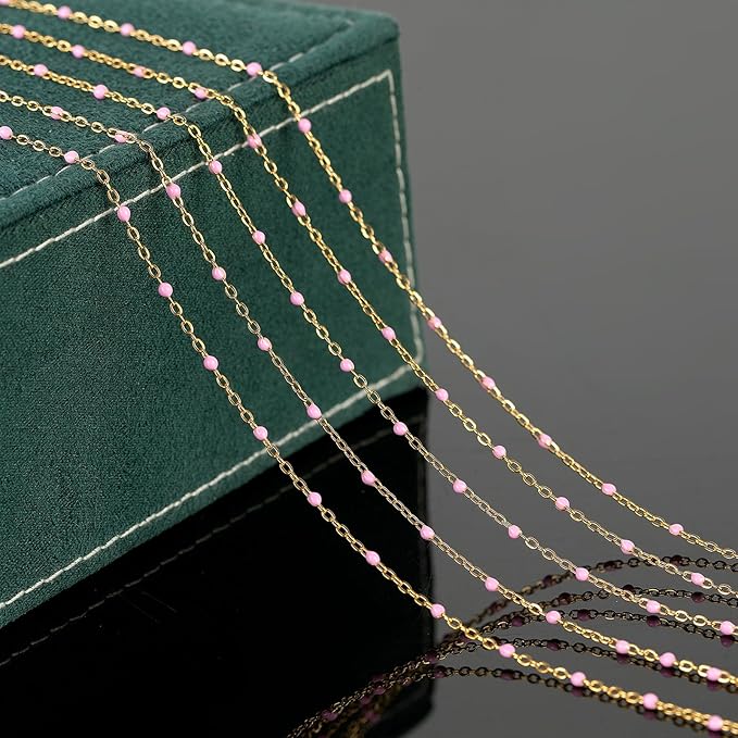 UMAOKANG 33 Feet Pink Bead Chain for Jewelry Making - Gold Plated Stainless Steel DIY Jewelry Supplies