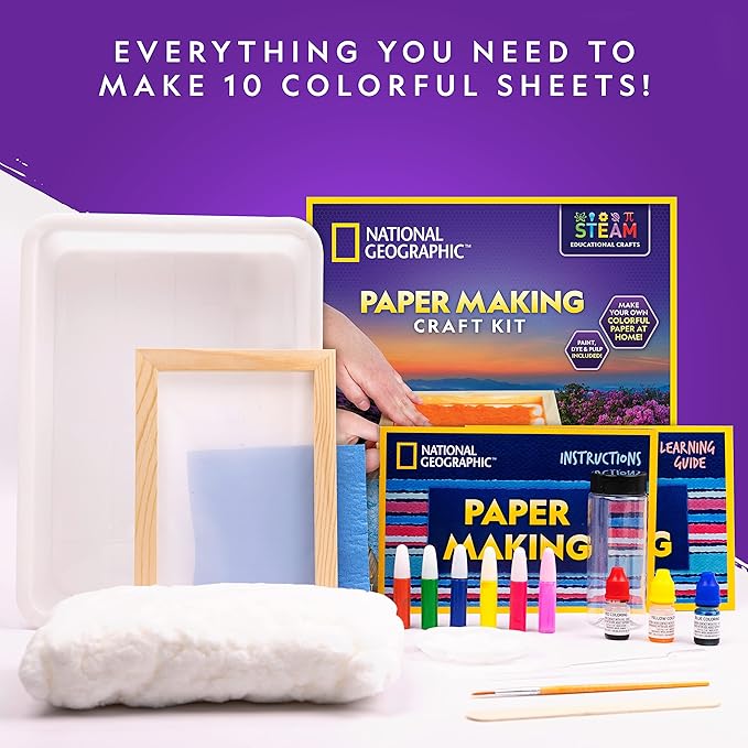 NATIONAL GEOGRAPHIC Kids Paper Making Kit - Make & Decorate 10 Sheets of Craft Paper, Includes Wooden Silk Screen Mold, Paints & More, Fun Art Kit for Scrapbooking & Other Kids Arts & Crafts Projects