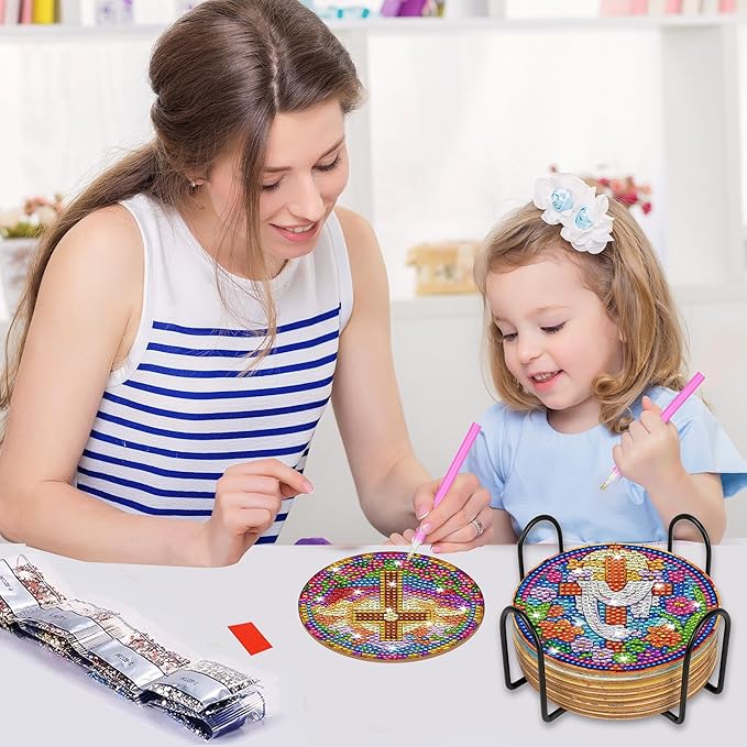8 Pcs Cross Diamond Art Coasters Kit with Holder and Cork Pads, DIY Christian Diamond Painting Coasters for Adults Beginners, Religious Crafts for Home Decor or Gift