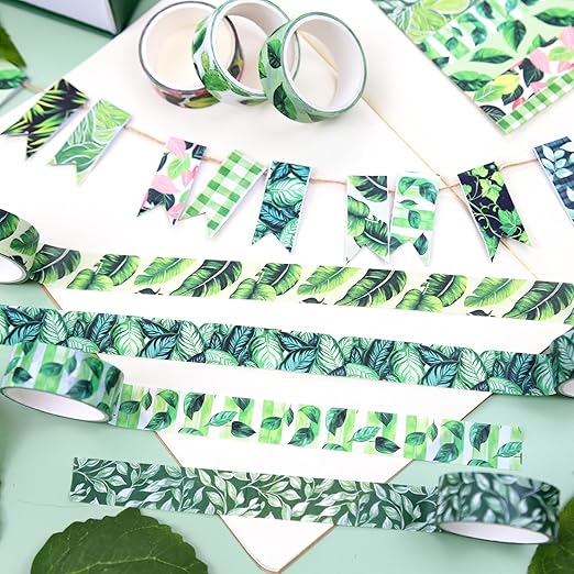 Green Plant Washi Tape Set, 12 Rolls Botanical Tape Green Leaves Decorative Tape Spring Tropical Masking Tapes for Journaling, Scrapbooking, Planners & DIY Crafts, Gift Wrapping