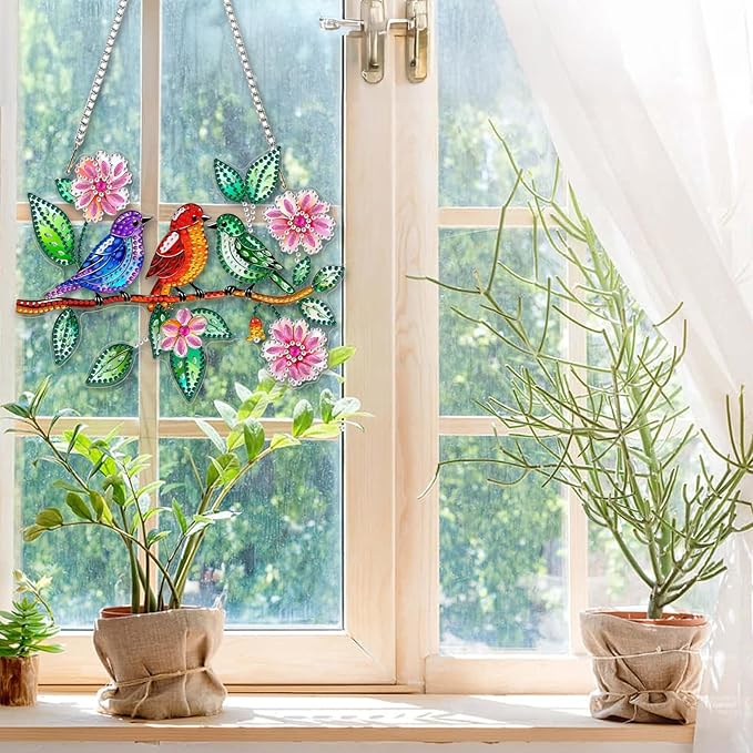 CEOVR Birds Hanging Diamond Art for Adults, Spring Birds Flower Diamond Painting Pendant DIY Gem Art Wall Hanging Ornament, Acrylic Home Garden Decor with Chain, Box Kit 7.87 * 6.29inch