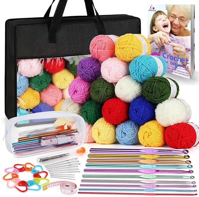 Aeelike Crochet Yarn for Crocheting, 1093 Yards Acrylic Yarn for Knitting,Full Crochet Kits for Beginners and Professionals, Aluminum Crochet Hooks, Instruction Book and Black Storage Bag