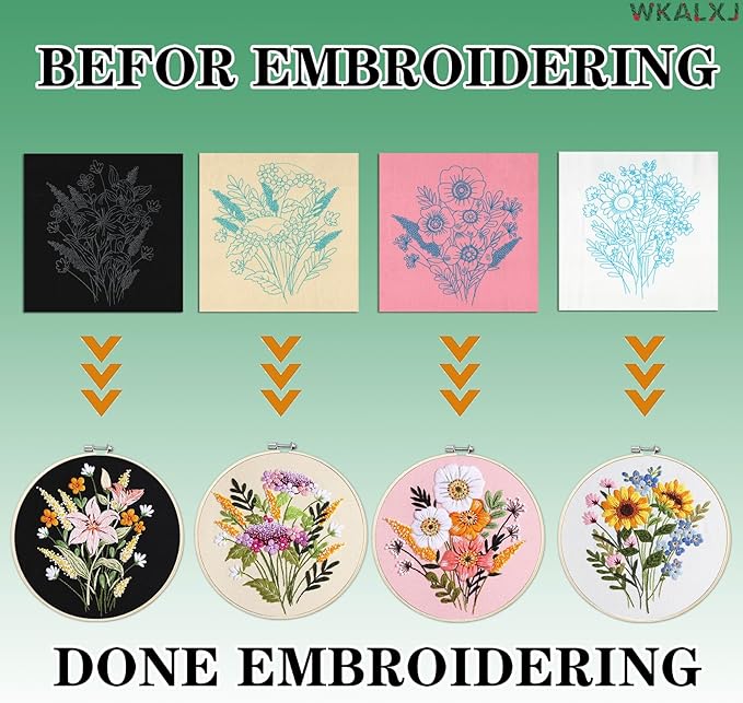 WKALXJ 4 Sets Embroidery Kits for Beginners Cross Stitch Kits Needlepoint Kits Crafts for Adults with Tools, Threads, Instructions, Needle Point Kits with Flower Stamped Patterns (Flowers B)