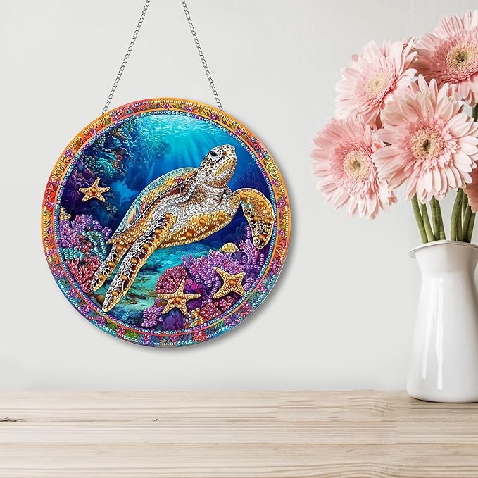 Kaliosy Sun Catcher Turtle Window Hanging - Outdoor Porch Decor, Marine Life-Themed Diamond Art Ornament, Acrylic Board Diamond Painting for Wall Home Garden, Front Door Sign, Indoor Decor 8x8 inch