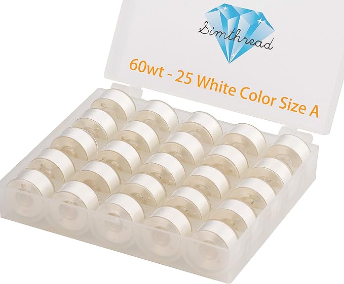 Simthread 25pcs White Prewound Bobbin Thread Size A Class 15 (SA156) 60WT with Clear Storage Plastic Case Box 70D/2 for Brother Embroidery Thread Sewing Thread Machine DIY