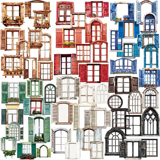 60 PCS Vintage Paper Window Frame Stickers, Aesthetic Decorative Window Cutouts Scrapbook Stickers for DIY Diary Junk Journal Handbook Album Decoration Label Sticker Journaling Scrapbooking Supplies