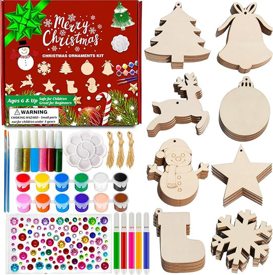 Christmas Ornaments Craft Kit, 48 Pcs Blank Wood Slices for Painting with Paint Pens and Brushes, DIY Wooden Christmas Ornament Set for Tree Decorations, Family Holiday Activities and Gifts