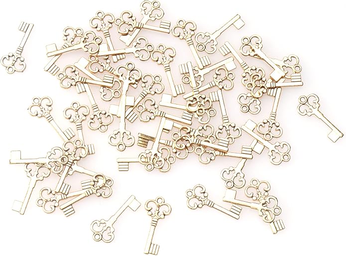 50 Pcs Keys Pendants Beading Supplies Vintage Metal Mini Key Charms for DIY Jewelry Making Kit Handmade Necklace Bracelet Key Ring Chain Earring Party Decoration