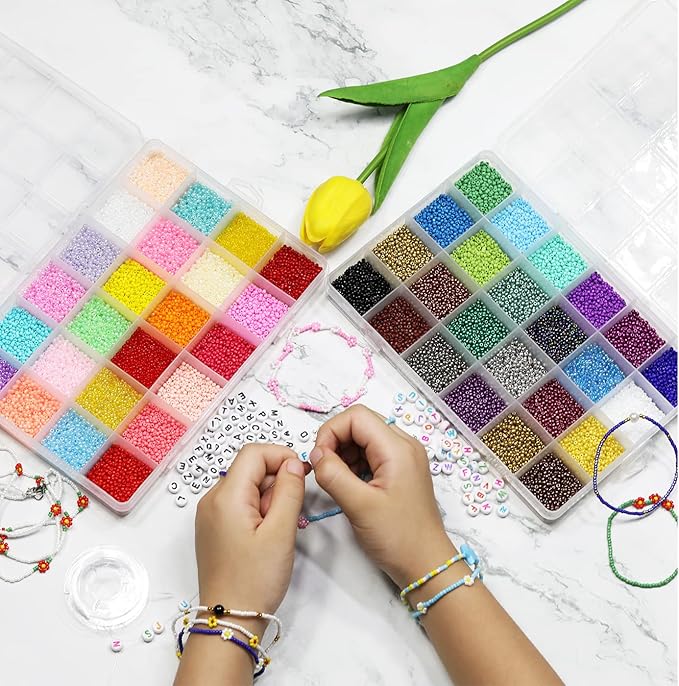 38500 Pcs 2mm Glass Seed Beads Jewelry Making Kit - 260 Alphabet Letter Beads, 48 Colors | Complete DIY Set with Elastic String, Charms & Jump Rings for Bracelets, Crafts & Handmade Art
