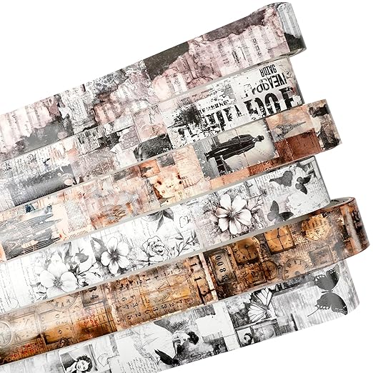 6 Rolls Vintage Book Page Washi Tape Set – Non-Repeating Retro Collage Designs for Scrapbooking, Journaling, and DIY Crafts