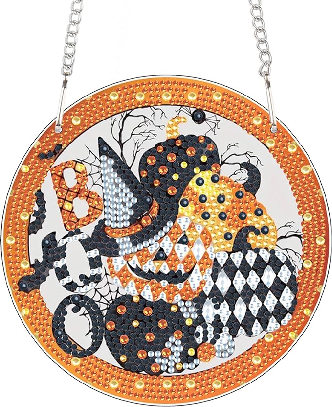 5D DIY Halloween Diamond Painting Hanging Ornament, Acrylic Rhinestone Pendant Craft with Ghost, Pumpkin, Bat & Witch Hat, Diamond Art Window Suncatchers for Home Wall & Door Holiday Decoration