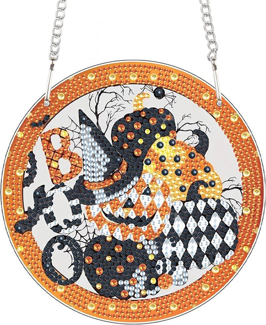 5D DIY Halloween Diamond Painting Hanging Ornament, Acrylic Rhinestone Pendant Craft with Ghost, Pumpkin, Bat & Witch Hat, Diamond Art Window Suncatchers for Home Wall & Door Holiday Decoration