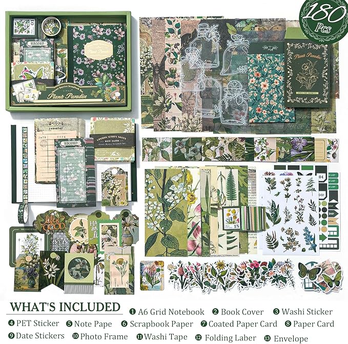 Scrapbook Supplies Kit, Vintage Junk journaling Supplies, Scrapbooking Kit with Aesthetic Stickers, Stationary Set, Bullet Journaling Kit, Ephemera Collage Craft Supplies Gift for Adults Women Starter