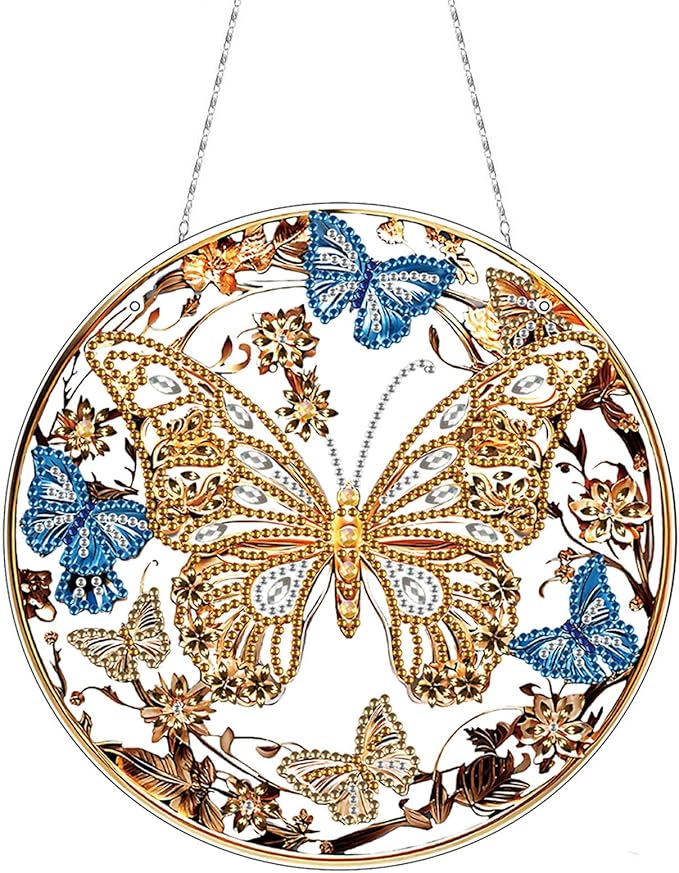 Generic DIY Hanging Diamond Pendant Special Shaped Crystal Diamond Art Painting Ornament Single Sided for Window Home Garden Wall Door Decor-Golden Butterfly