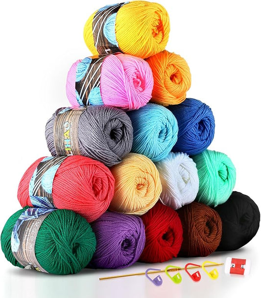LIHAO 15 Skeins Acrylic Yarn for Crocheting Beginners Crochet Kit with 2.5mm Hook, 2625 Yards Bulk Anti-Splitting Yarn Bundles for Amigurumi, Granny Squares and DIY Crafting
