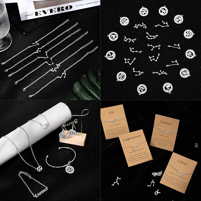 Hicarer 48 Pcs Zodiac Charms Bulk for Jewelry Necklace Bracelet Making, 4 Styles Symbol Name Diamond Alloy Zodiac Pendants Horoscope Sign with Cards