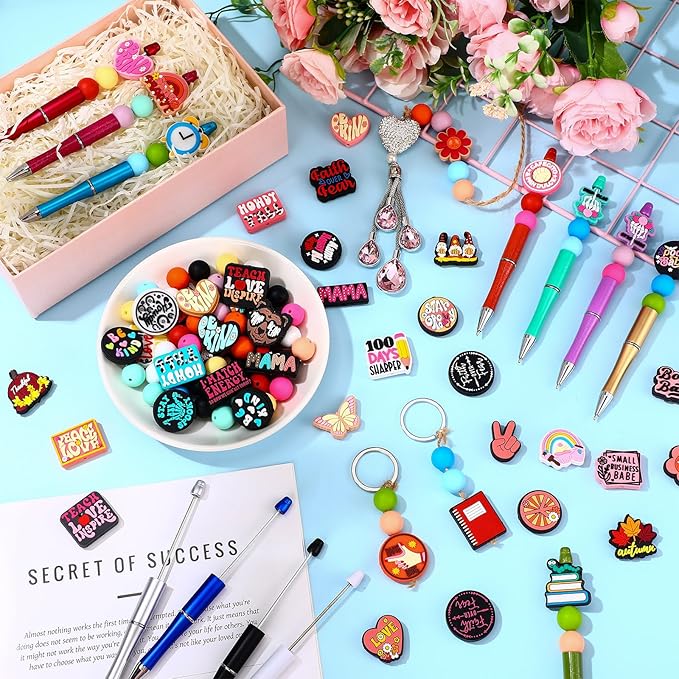 Humyoun 122 Pcs Silicone Focal Beads for DIY Pens Making Kit Include 12 Beadable Pens 110 Silicone Focal Beads for Pen Keychains DIY Making