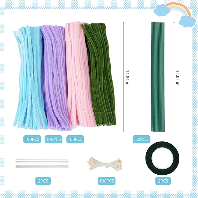 400 Pcs Thick Pipe Cleaners,Craft Supplies Floral Bonquet,DIY Flower Making Kit for Starter with Floral Wires, Gardening Tape,Stamen (Pink+Blue+Purple+Green)
