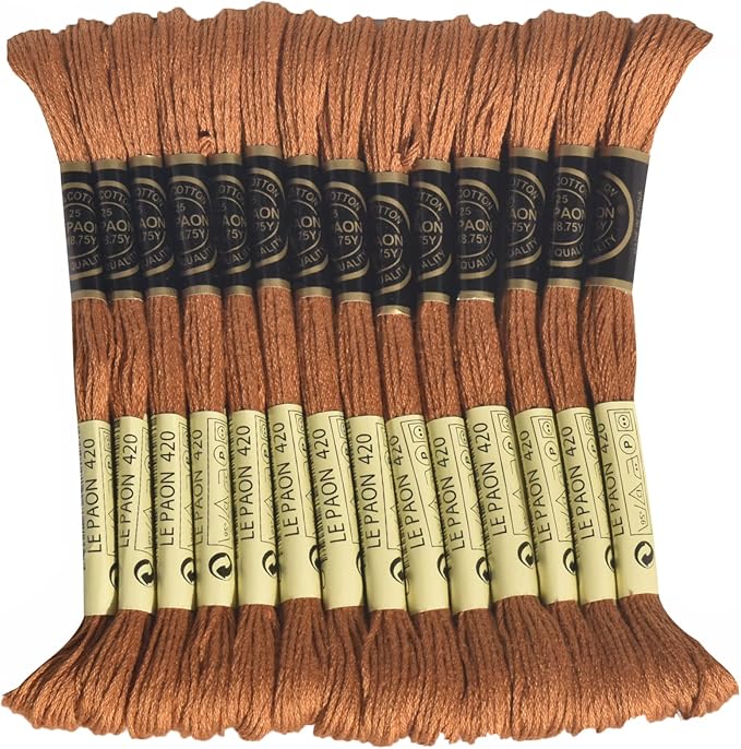 LE PAON Embroidery Floss, 14-Pack Six Strands 100% Long Staple Cotton Embroidery Thread, 8.7-Yard，Color Number：420, Dark Hazelnut Brown