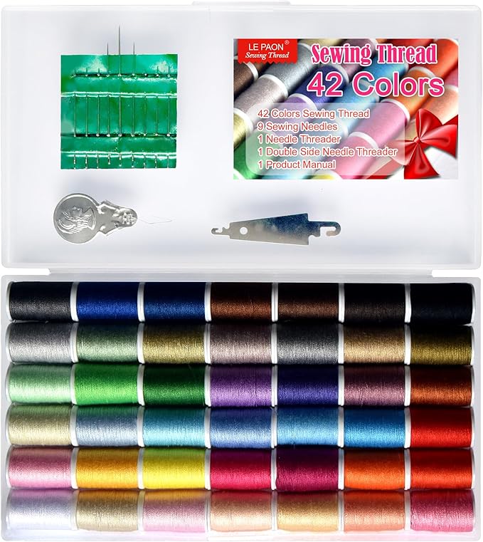 All Purpose Sewing Thread Set - 42 Assorted Rainbow Color Series and White Black Handy Polyester Thread Kit Includes 9 Hand Needles, 2 Needle Threaders, Suitable for Hand and Machine Sewing