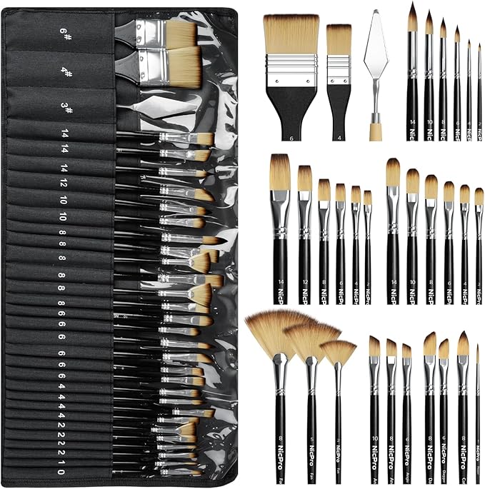 Nicpro 30pcs Paint Brush Set, Professional Paintbrushes with Paint Spatula and Cloth Roll, Craft Paint Brushes for Acrylic Painting, Oil, Watercolor, Gouache, Art Supplies for Artists and Beginners