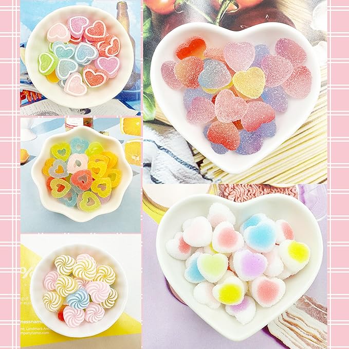 80pcs Jelly Sugar Soft Heart Candy Flatback Charms, DIY Craft Making Resin Jewelry Making Kit, Soft Candy Resin Flatback Beads for Women DIY Scrapbooking Hair Clip Crafts Cell Phone Case Making