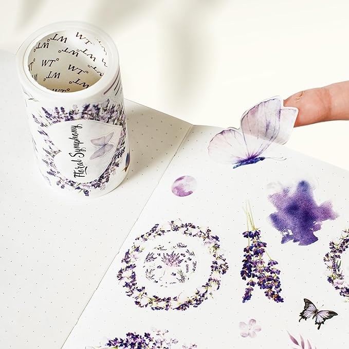 WT Pre-Cut Purple Muse Wide PET Tape, Single Roll, Soft Purple Florals & Handwritten Script, Transparent Decorative Tape for Journaling, Scrapbooking, Bujo, Planner, DIY Crafts, 70mm×5m