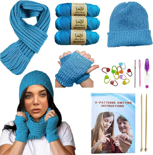 kaaper knitting kit for beginners adults - all-in-one hat, scarf & glove set with blue wool yarn, bamboo needles，learn to knit a complete winter accessory collection (acid blue)