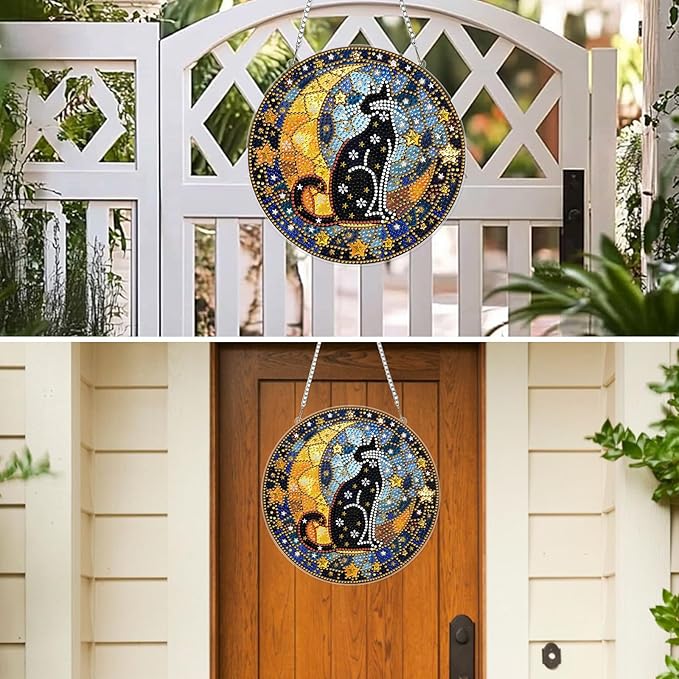 MXJSUA Stained Glass Cat Diamond Painting Art Window Suncatchers, Diamond Art Kits for Adults Hanging Ornaments with Chain, 5D Special Shape Crystal Diamond Pendant Accessories for Decor Gift