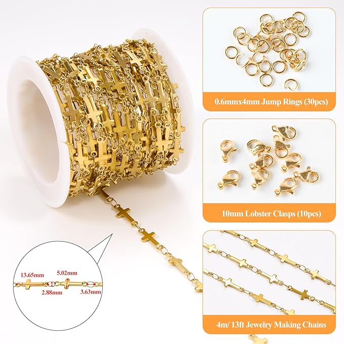 YOUBEIYEE 13 Feet Gold Plated Cross Chain for Jewelry Making Stainless Steel Bar Link Chains Bulk on Spool with Jump Rings Lobster Clasps