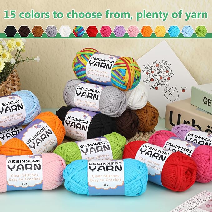 Completed Beginner Yarn, Yarns for Crocheting, Easy Yarns, 15 Pack Crochet Yarn with Easy-to-See Stitches for Beginners Crochet Kit
