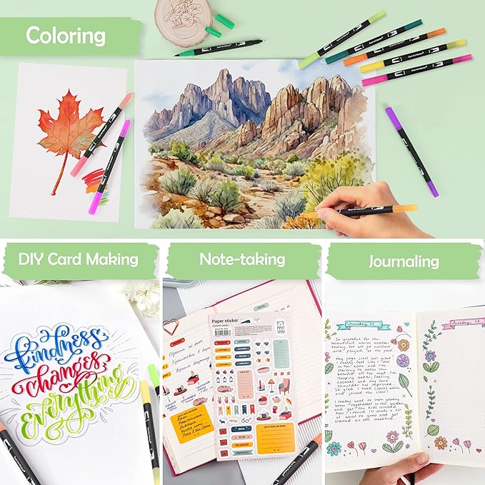 100 Colors Brush & Fine Dual Tip Watercolor Markers for Adult Coloring Books No Bleeding Professional Paint Pens For Drawing Note taking Planner Calligraphy Journaling Card Making Art Supplies