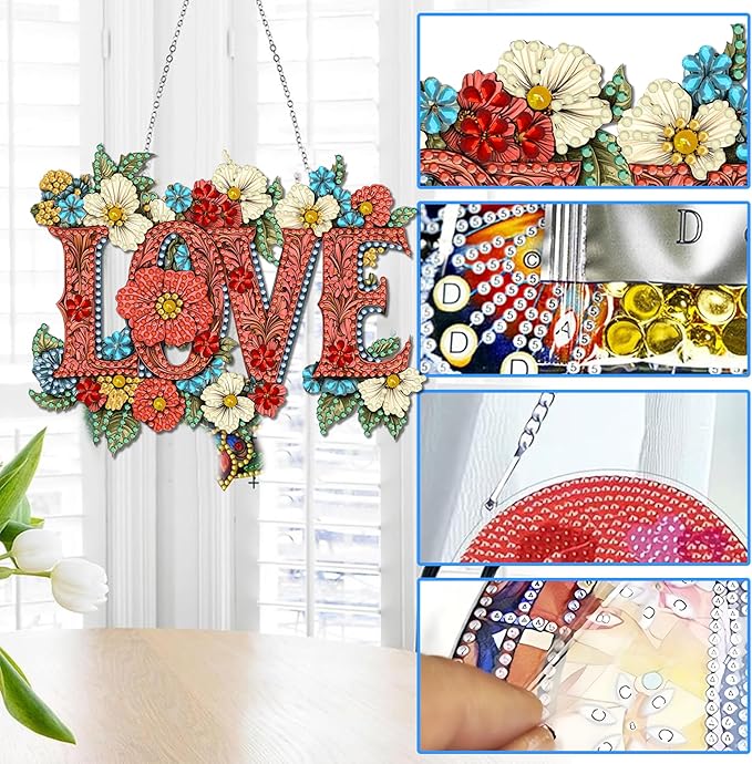 Reofrey Hanging Diamond Art Kits for Adults - 8x8 Inch Love Acrylic Board Double Sided Pattern Diamond Painting Suncatcher Pendant, DIY Crystal Art for Home Wall or Window Decoration Handmade Gift